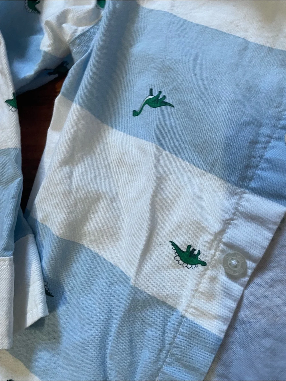 Old Navy Light Blue & White Striped Button-Down with Green Dino Motif